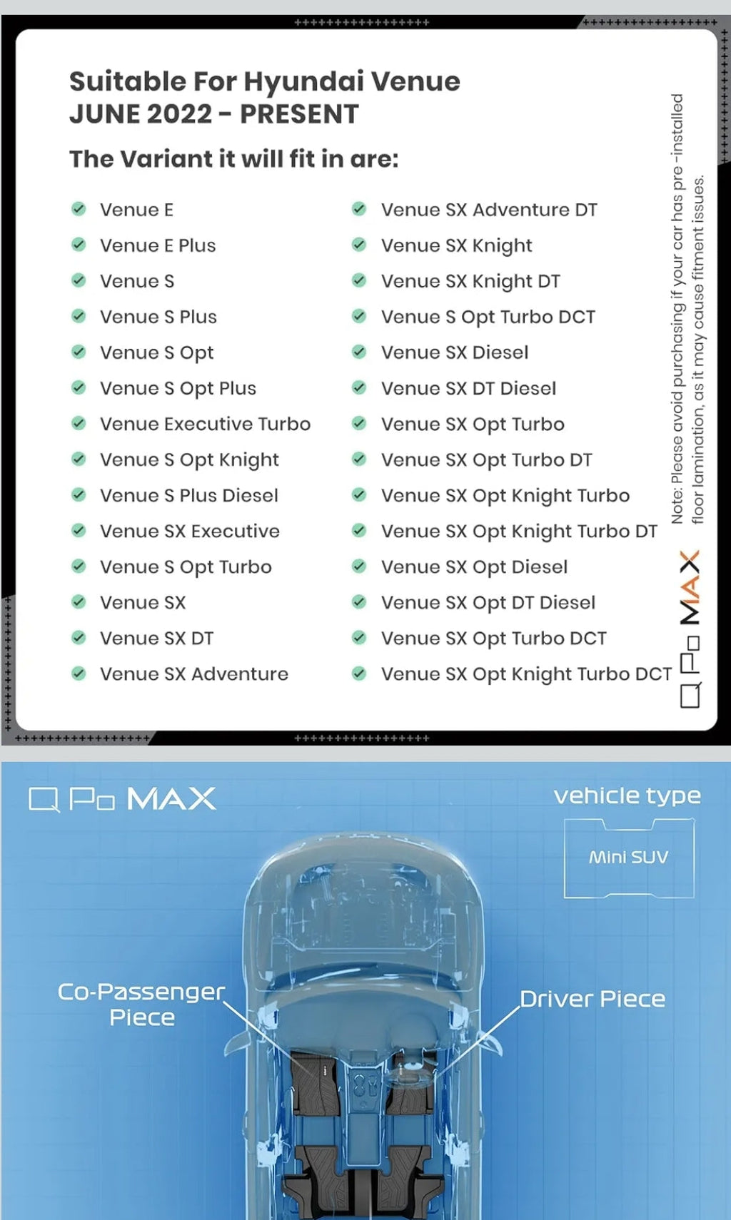 Q Po Venue (MAX) Jun 2022 - Present ECO TPE Car Floor Mat | Anti Slip All Weather Mats for Venue (Black