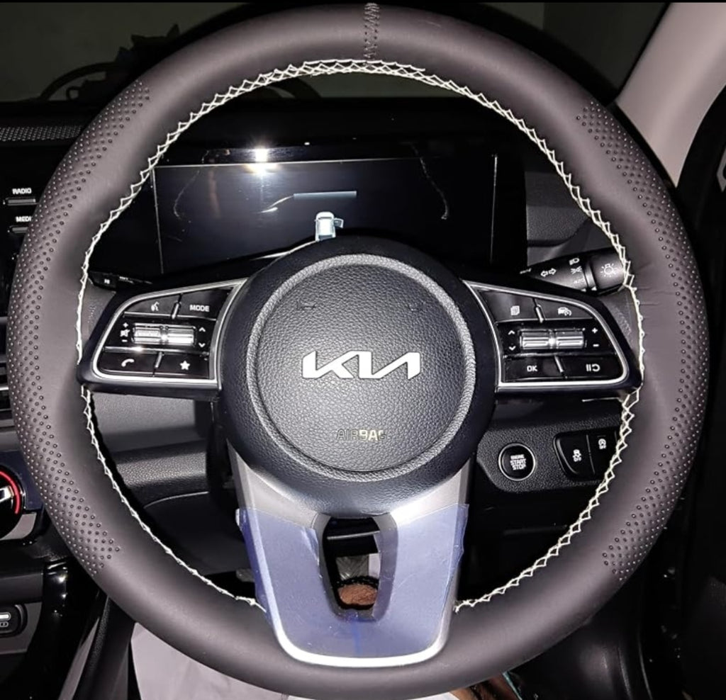 Premium Car Steering Wheel Cover – Black with White Stitching | Anti-Slip & Comfortable Grip | Compatible with All Car Models
