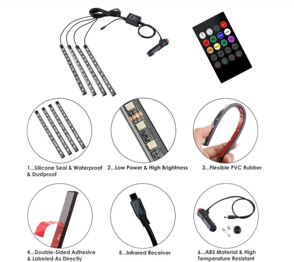Car Interior RGB LED Strip Lights – 4PCS 12V Footwell Light Kit with Remote, Music Mode, Waterproof Flexible Strips.