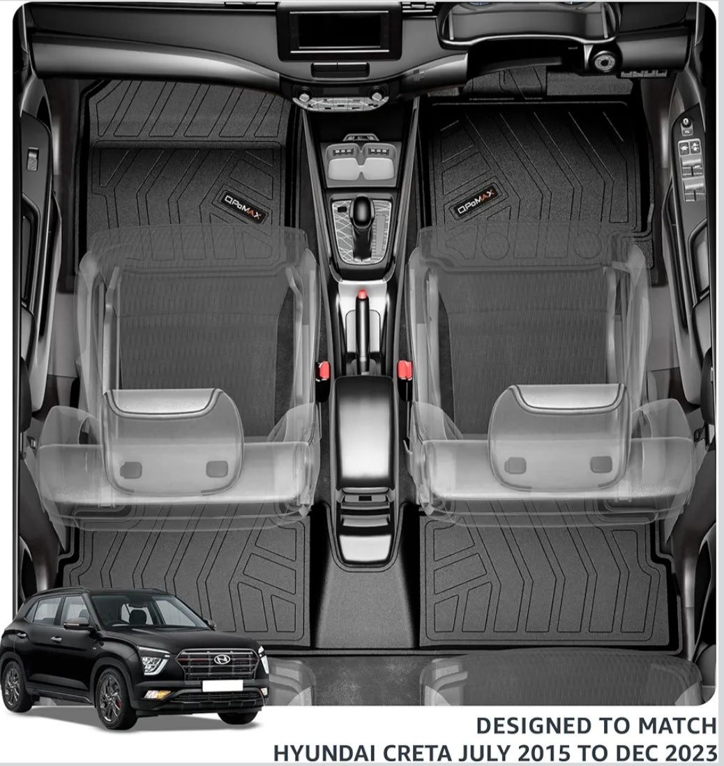 Q Po Max Creta 2015 to 2023 TPE Car Floor Mat |Anti Slip All Weather Mats for Creta (Black)