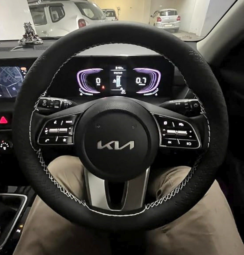 Premium Car Steering Wheel Cover [Black cover+White stitching] Compatible with All Cars model