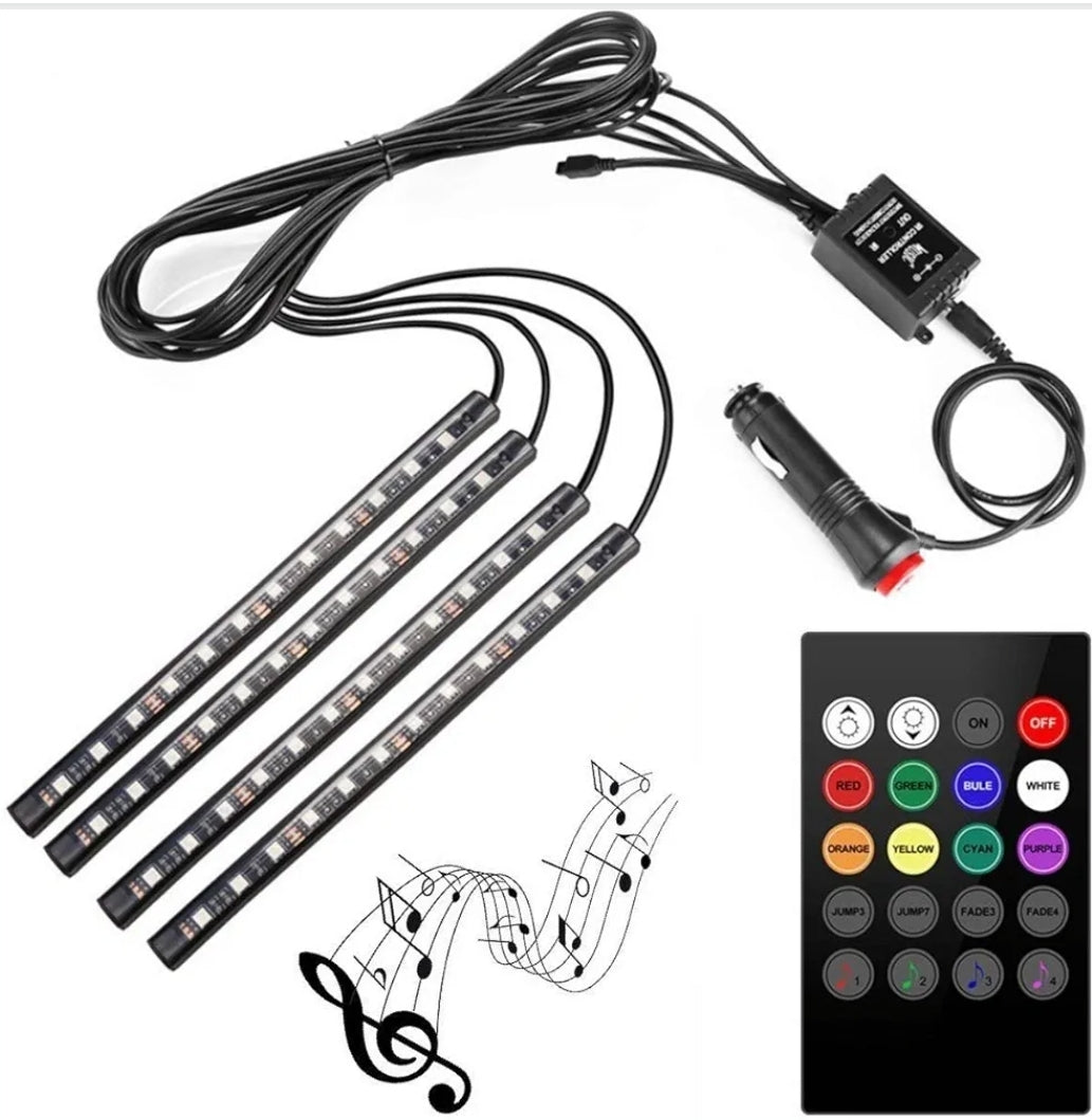 Car Interior RGB LED Strip Lights – 4PCS 12V Footwell Light Kit with Remote, Music Mode, Waterproof Flexible Strips.