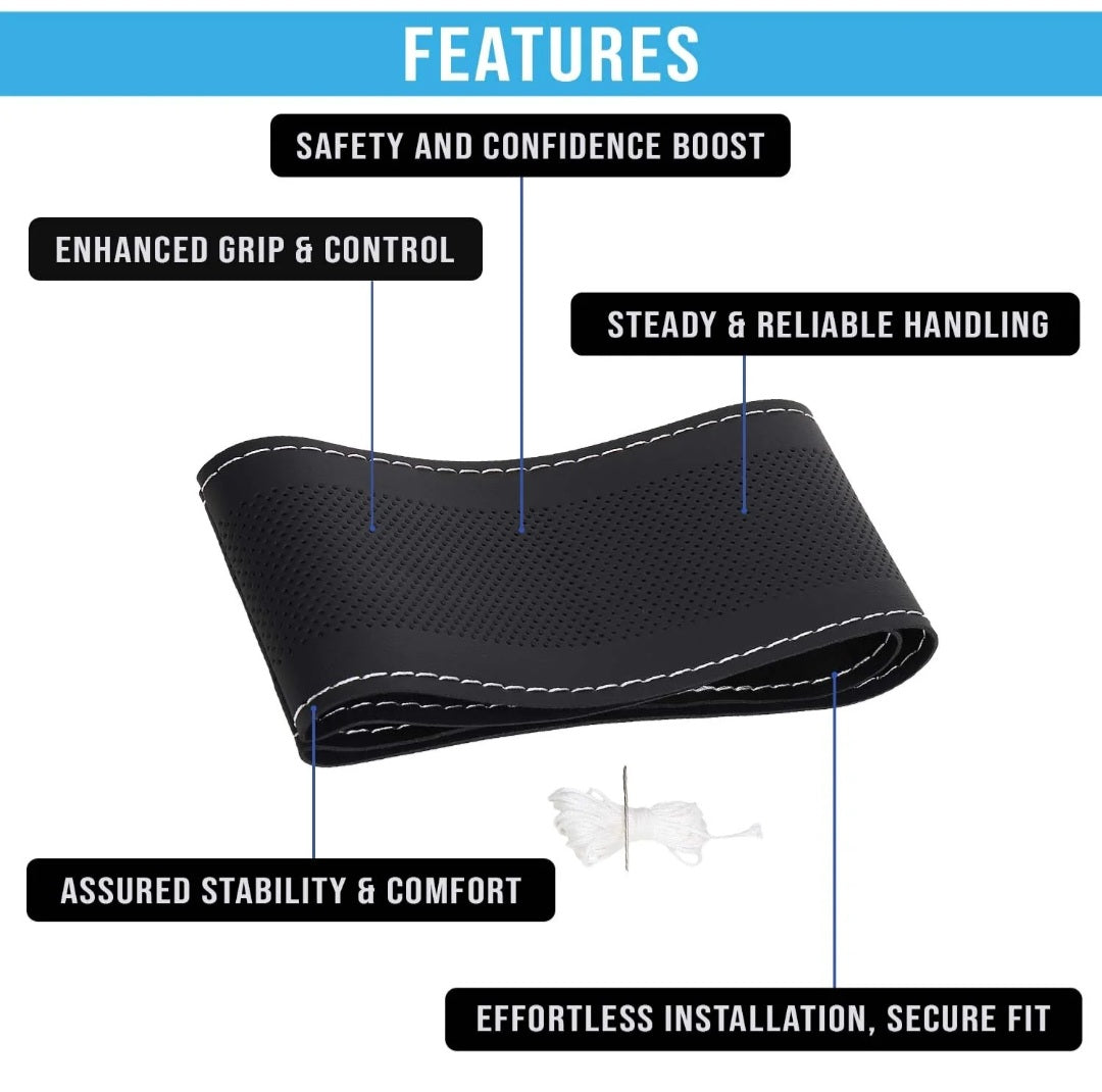 Premium Car Steering Wheel Cover [Black cover+White stitching] Compatible with All Cars model