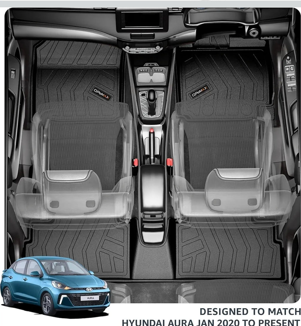 Q Po Aura (Max) Jan 2020 - Present ECO TPE Car Floor Mat | All Weather Mats for Hyundai Aura (Jan 2020 - Present) (Black